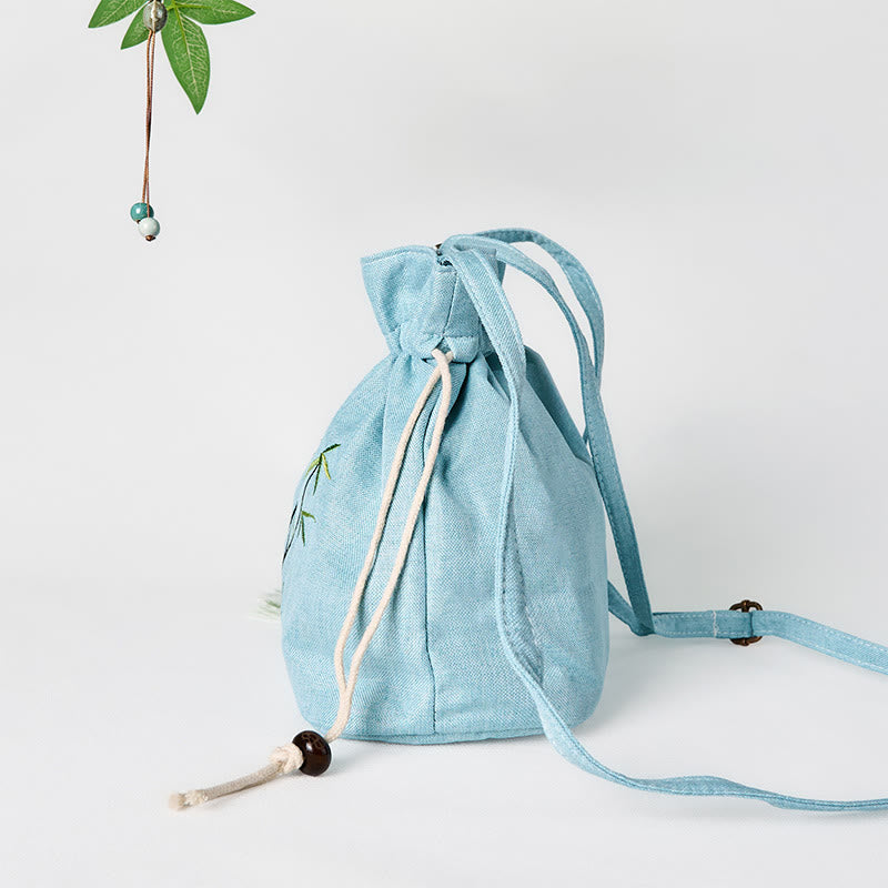 Foviel Sticked Green Bambus Baumwolle Leinen Umhängetasche Schultertasche