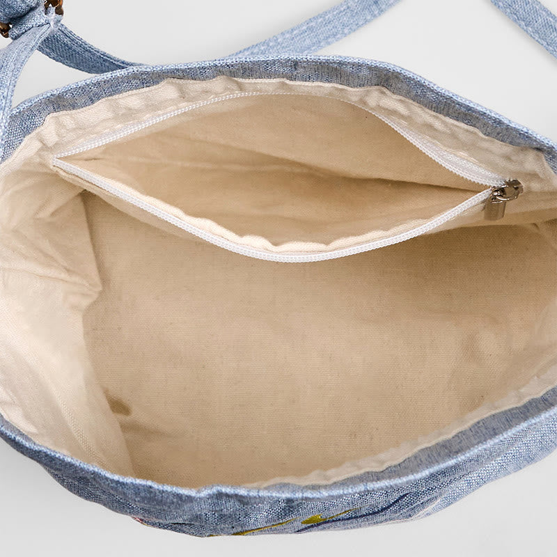 Foviel stickte hellblaue Fee Hirsche Glückswolken Baumwolle Leinen Umhängetasche Schultertasche
