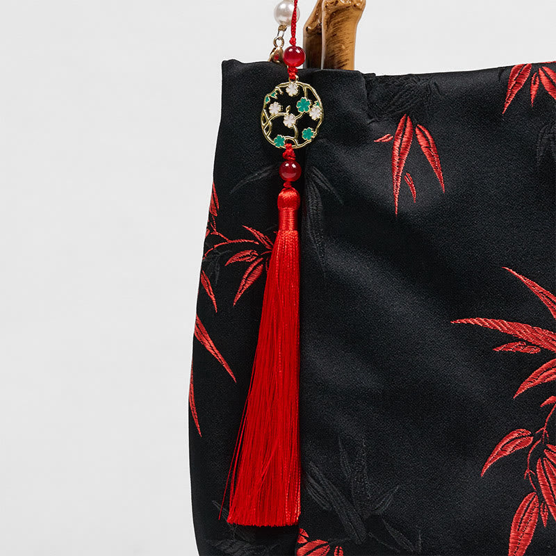 Sac bandoulière Foviel en polyester et coton brodé de feuilles avec anse en bambou et perles