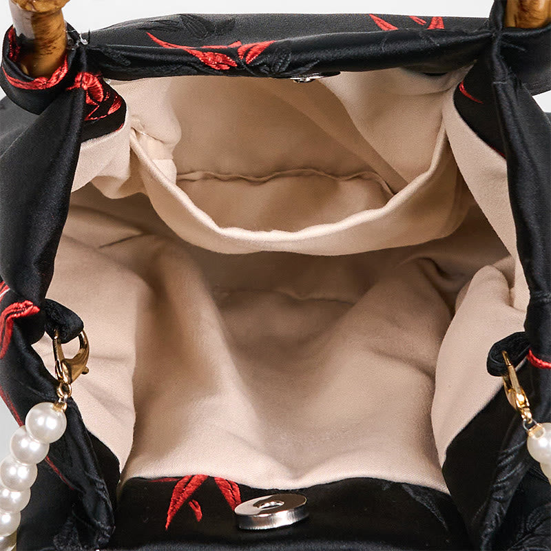 Sac bandoulière Foviel en polyester et coton brodé de feuilles avec anse en bambou et perles