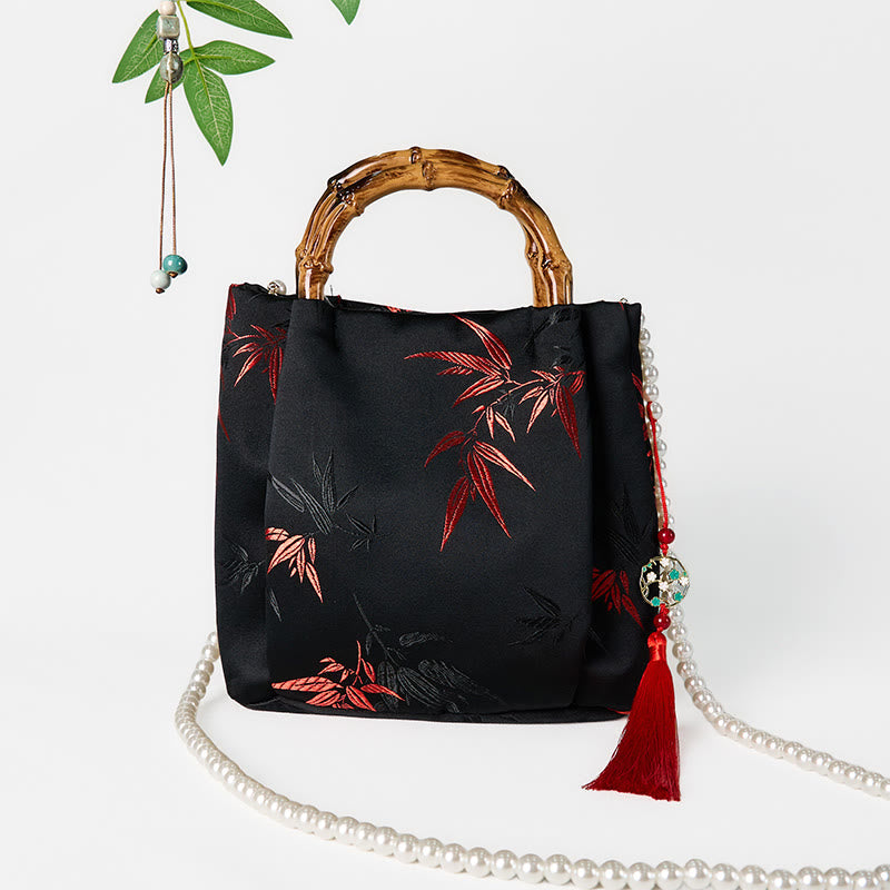 Sac bandoulière Foviel en polyester et coton brodé de feuilles avec anse en bambou et perles