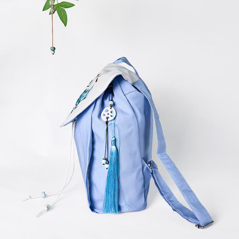 Foviel Handgefertigte blaue Magnolia Stickerei große Kapazität Leinwand Rucksack