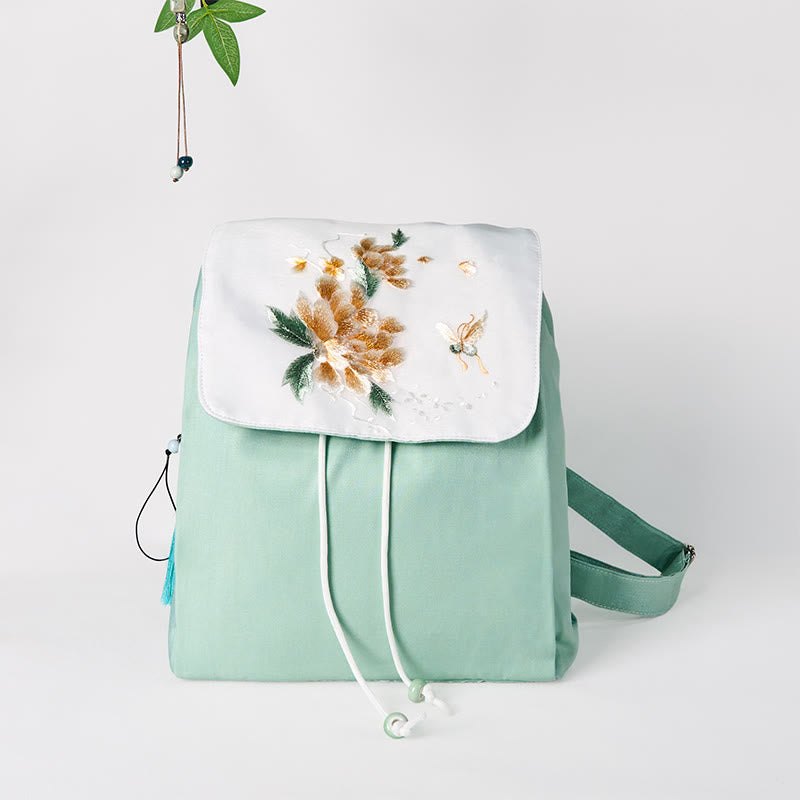 Foviel Handgefertigte grüne Pfingstrose Blumen Stickerei große Kapazität Leinwand Rucksack