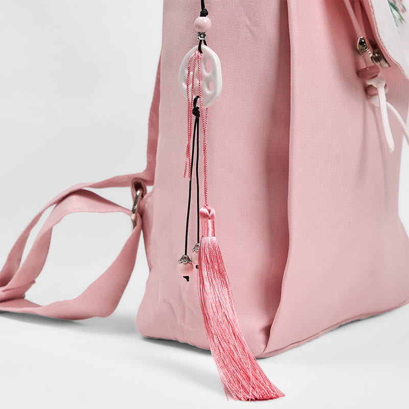 Foviel Handmade Pink Peony Flowers Embroidered Large Capacity Canvas Backpack