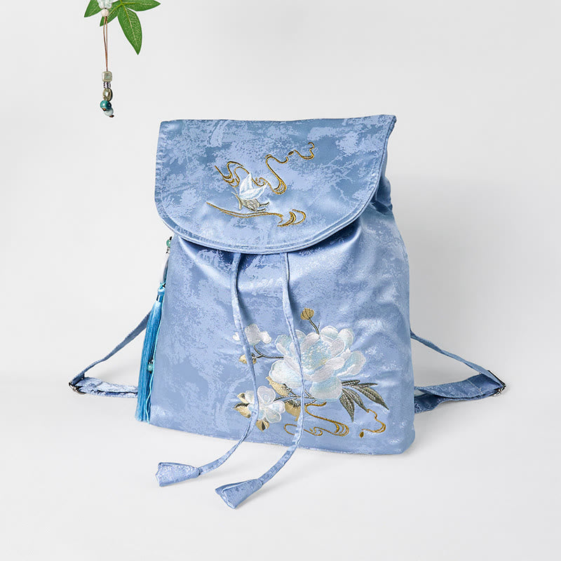 Foviel Handmade Blue Camellia Embroidered Large Capacity Polyester Cotton Backpack