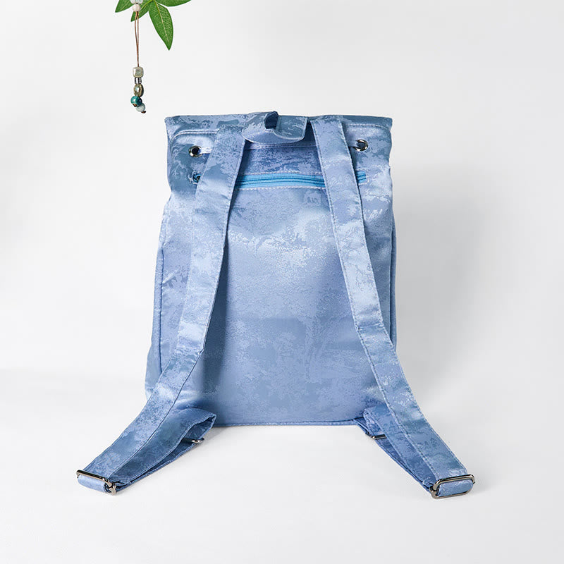 Foviel Handmade Blue Camellia Embroidered Large Capacity Polyester Cotton Backpack