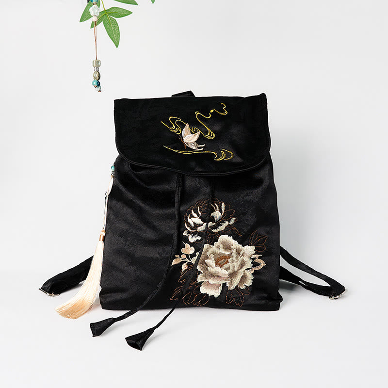 Sac à dos Foviel grande capacité en coton polyester brodé de pivoines noires faites à la main