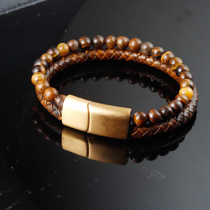 Foviel Multi-layer Woven Tiger Eye Stone Beads Leather Titanium Steel Strength Buckle Bracelet