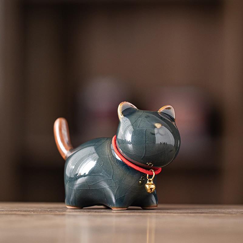 Figurine décorative en céramique Foviel, chat chanceux mignon debout avec grelot et cordon rouge