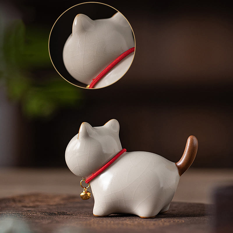 Figurine décorative en céramique Foviel, chat chanceux mignon debout avec grelot et cordon rouge