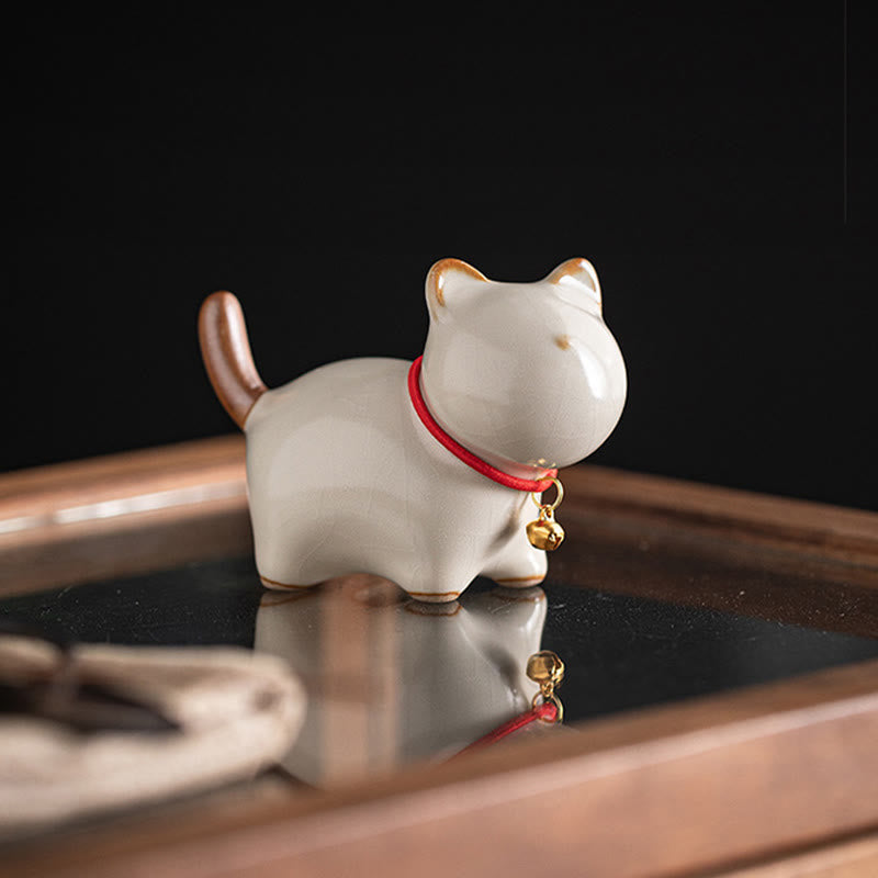 Figurine décorative en céramique Foviel, chat chanceux mignon debout avec grelot et cordon rouge