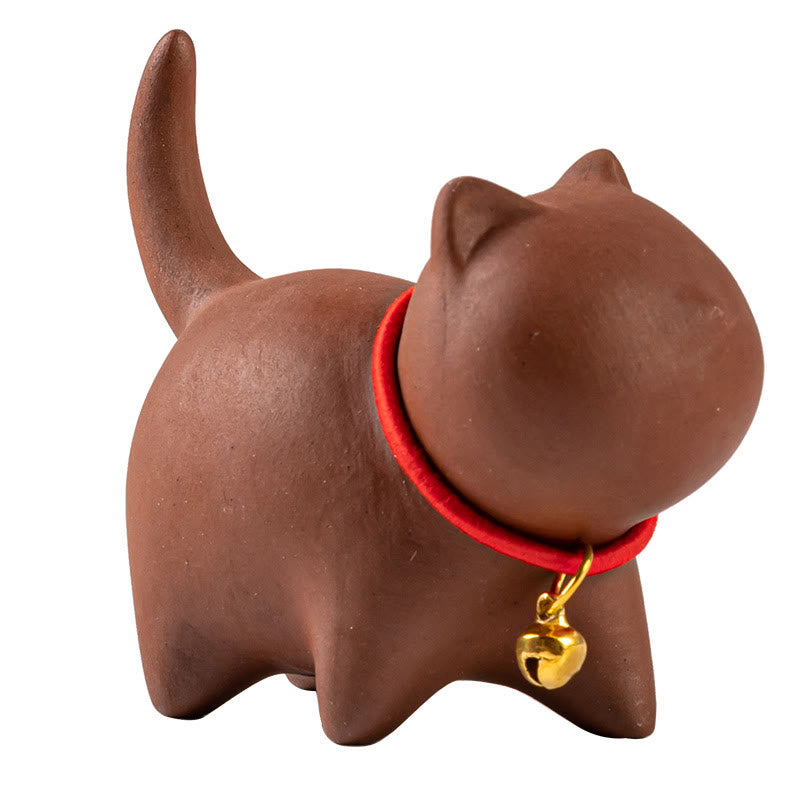 Foviel Mini Lovely Red Rope Bell Cat Tea Pet Purple Clay Figurine Desk Decoration