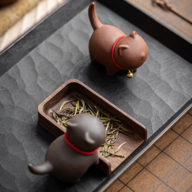 Foviel Mini Lovely Red Rope Bell Cat Tea Pet Purple Clay Figurine Desk Decoration