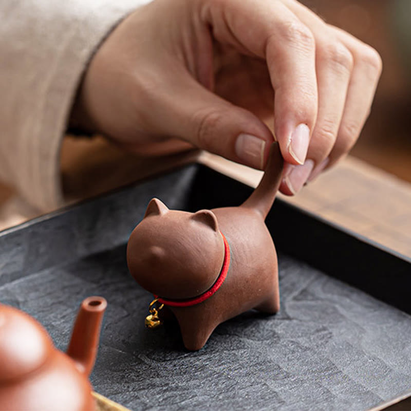 Foviel Mini Schöne rote Seil Bell Cat Tea Pet Purple Clay Figurine Schreibtisch Dekoration