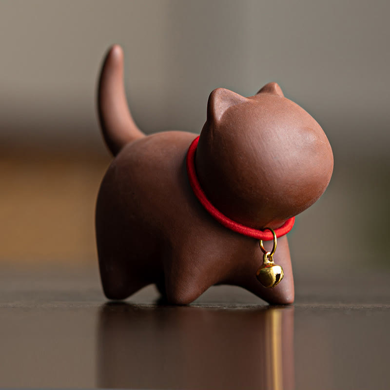 Foviel Mini Schöne rote Seil Bell Cat Tea Pet Purple Clay Figurine Schreibtisch Dekoration