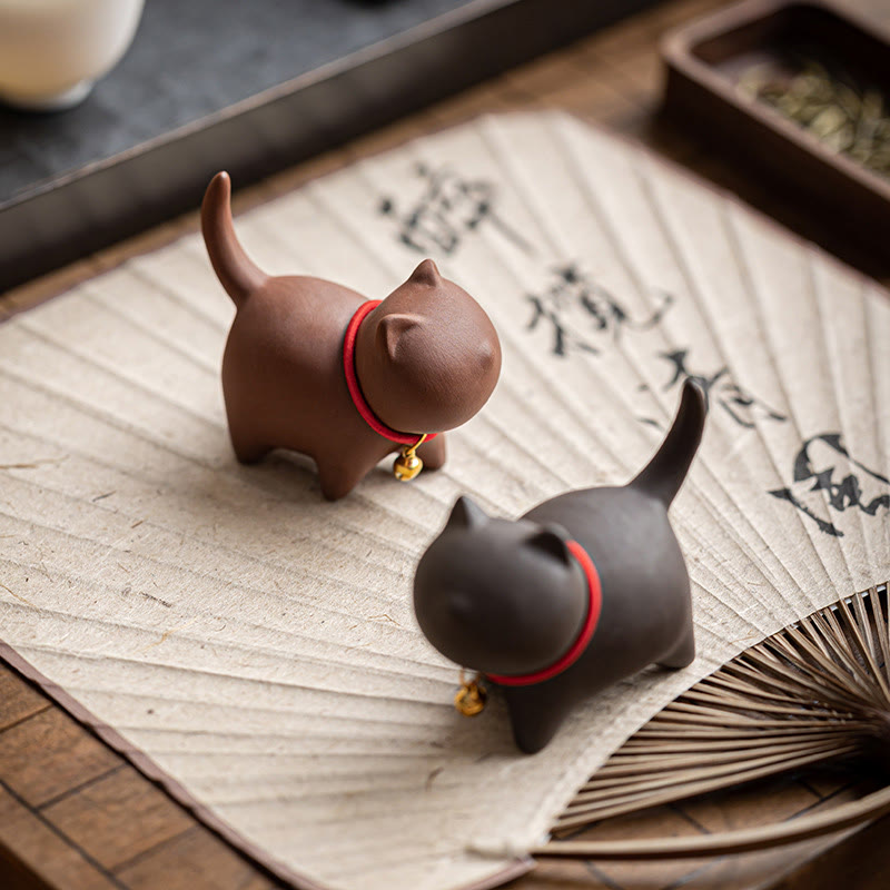 Foviel Mini Schöne rote Seil Bell Cat Tea Pet Purple Clay Figurine Schreibtisch Dekoration