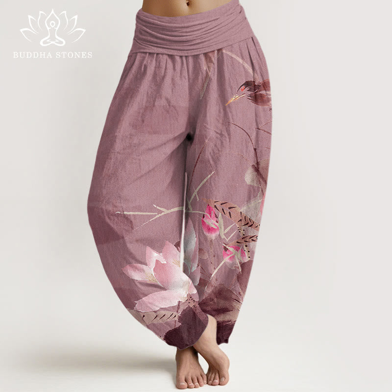 Buddha Stones Cotton Pink Lotus Leaves Bird Pattern Women's Elastic Waist Harem Pants - PaleVioletRed - US22,UK/AU26,EU54 (6XL) - image 7