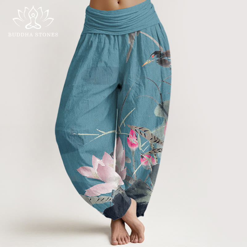 Buddha Stones Cotton Pink Lotus Leaves Bird Pattern Women's Elastic Waist Harem Pants - DarkTurquoise - US22,UK/AU26,EU54 (6XL) - image 4