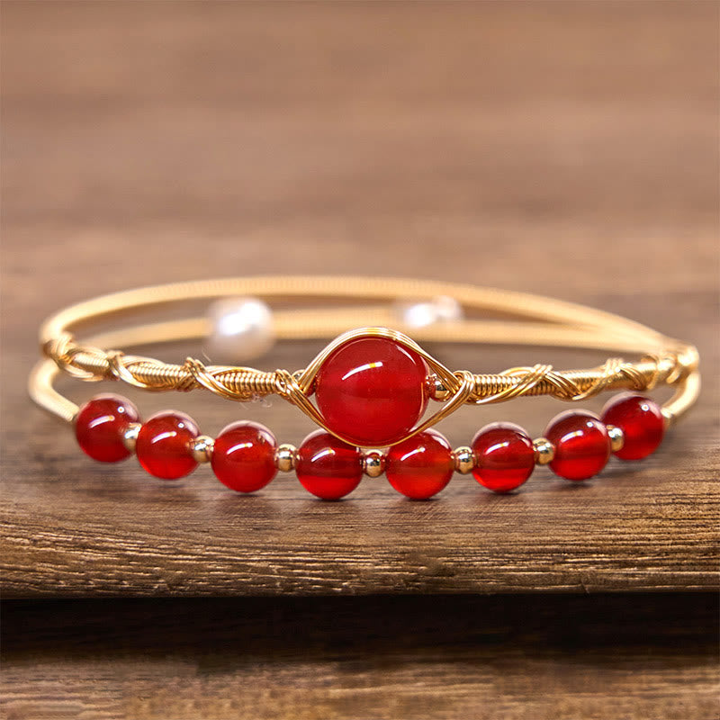 Foviel 14K Gold Filled Copper Natural Red Agate Beads Confidence Metal Cuff Bracelet Bangle