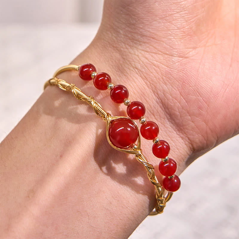 Foviel 14K Gold Filled Copper Natural Red Agate Beads Confidence Metal Cuff Bracelet Bangle