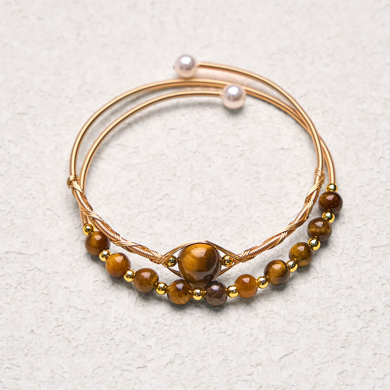 Foviel 14K Gold Filled Copper Natural Tiger Eye Protection Metal Cuff Bracelet Bangle