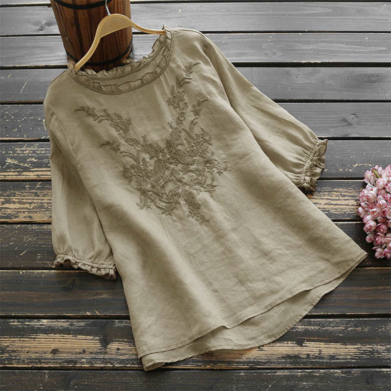 Buddha Stones Women's Flower Embroidery Design Crew Neck T-shirt Tee - BurlyWood - US14,UK/AU18,EU46 (4XL) - image 0