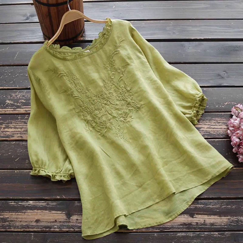 Buddha Stones Women's Flower Embroidery Design Crew Neck T-shirt Tee - YellowGreen - US14,UK/AU18,EU46 (4XL) - image 11