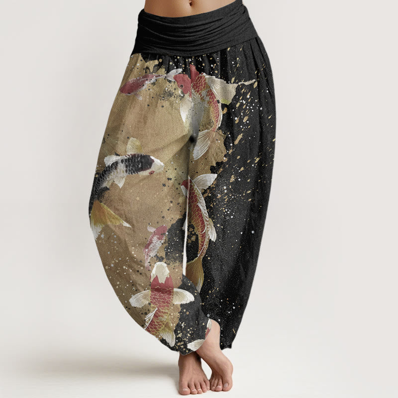 Buddha Stones Pure Cotton Casual Koi Fish Gold Ink Background Pattern Women's Elastic Waist Harem Pants - Black - US22,UK/AU26,EU54 (6XL) - image 0