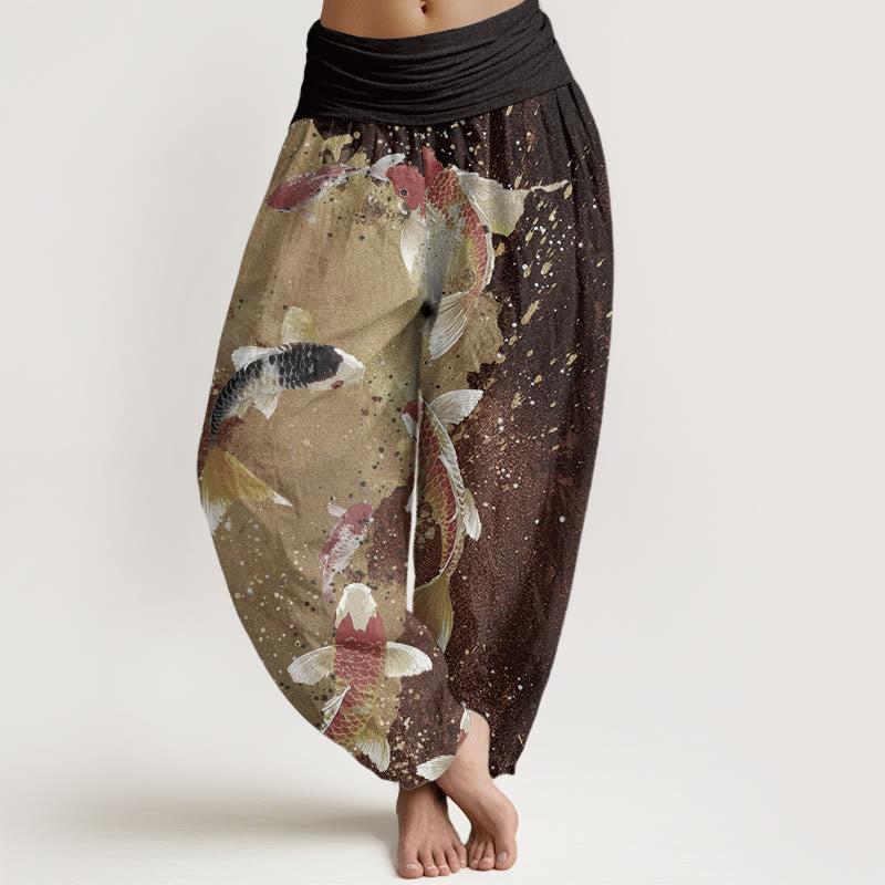Buddha Stones Pure Cotton Casual Koi Fish Gold Ink Background Pattern Women's Elastic Waist Harem Pants - SaddleBrown - US22,UK/AU26,EU54 (6XL) - image 9