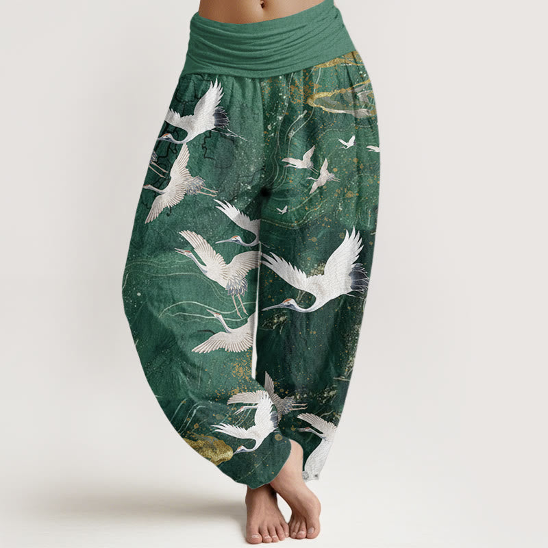 Buddha Stones Pure Cotton Flying White Cranes Auspicious Clouds Design Women's Elastic Waist Harem Pants - MediumSpringGreen - US22,UK/AU26,EU54 (6XL) - image 0