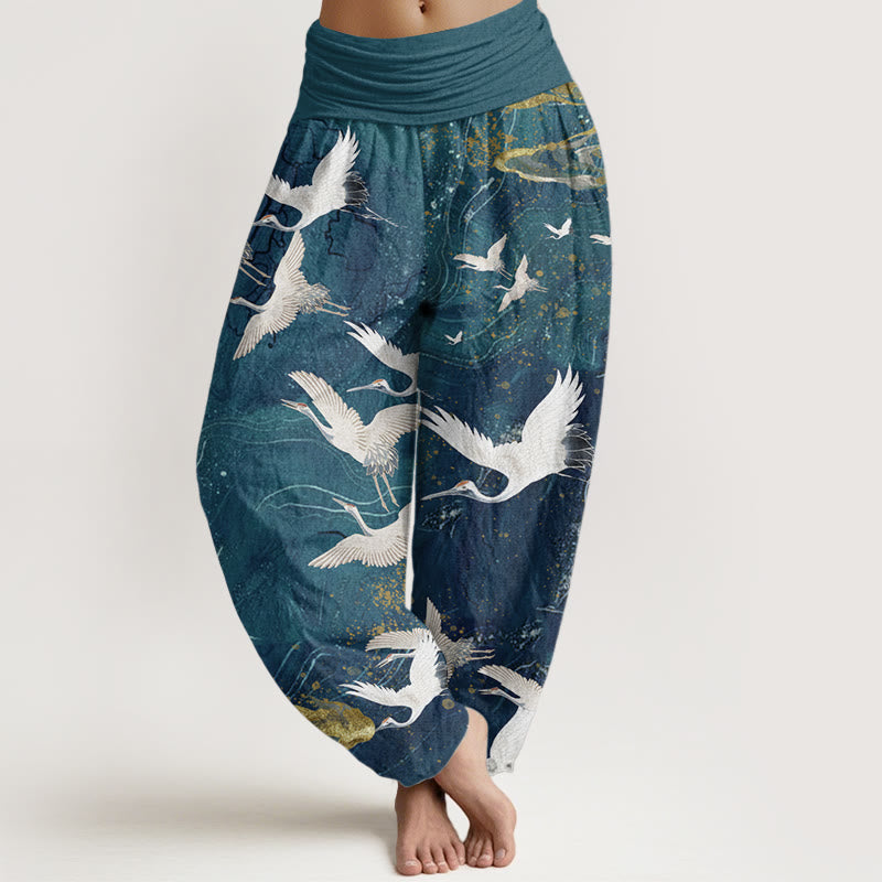 Buddha Stones Pure Cotton Flying White Cranes Auspicious Clouds Design Women's Elastic Waist Harem Pants - DarkCyan - US22,UK/AU26,EU54 (6XL) - image 6