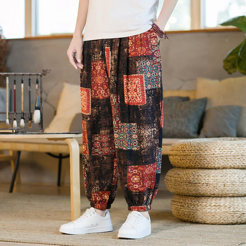 Pantalon sarouel d'été Foviel pour homme, longueur cheville, style patchwork à carreaux, avec poches