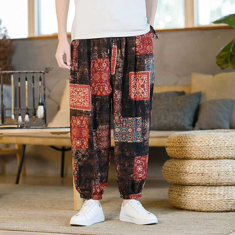 Pantalon sarouel d'été Foviel pour homme, longueur cheville, style patchwork à carreaux, avec poches