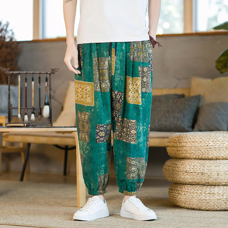 Pantalon sarouel d'été Foviel pour homme, longueur cheville, style patchwork à carreaux, avec poches