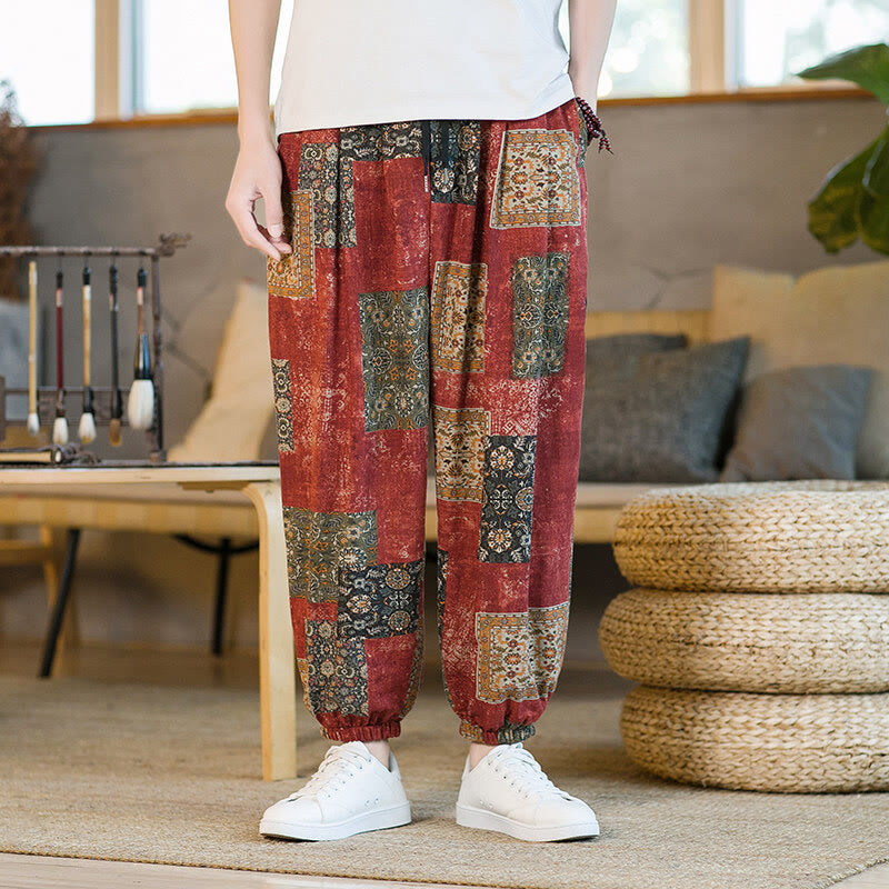 Pantalon sarouel d'été Foviel pour homme, longueur cheville, style patchwork à carreaux, avec poches