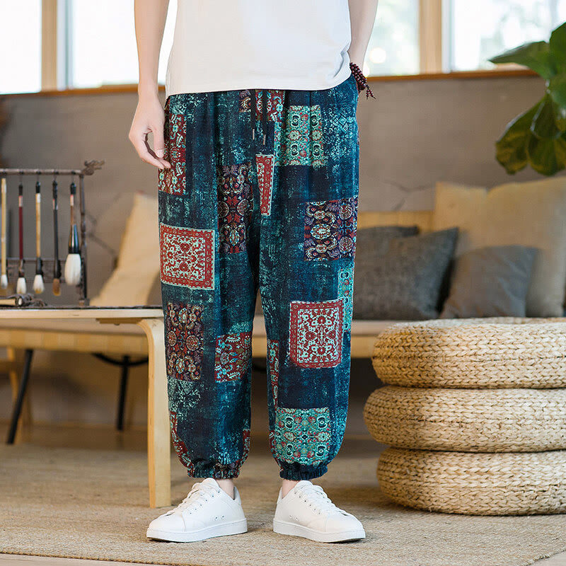 Pantalon sarouel d'été Foviel pour homme, longueur cheville, style patchwork à carreaux, avec poches