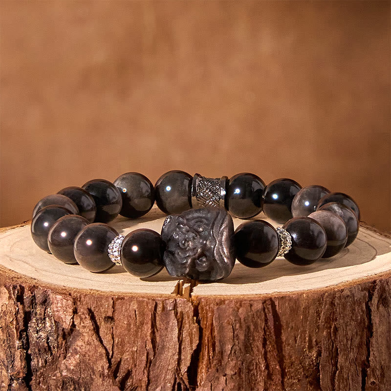 Foviel Natural Silver Sheen Obsidian Lion Dance Protection Bracelet
