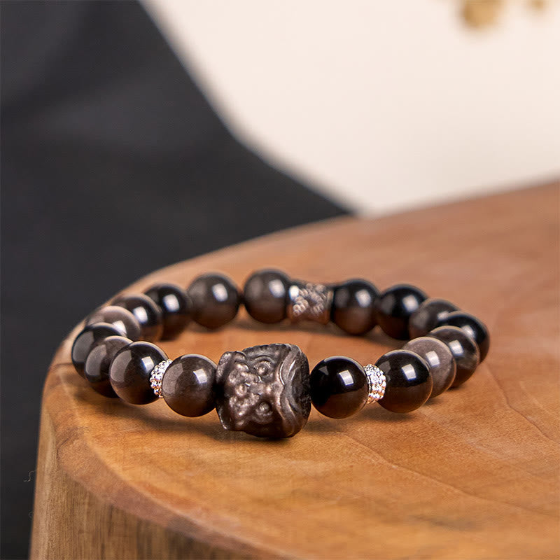 Foviel Natural Silver Sheen Obsidian Lion Dance Protection Bracelet