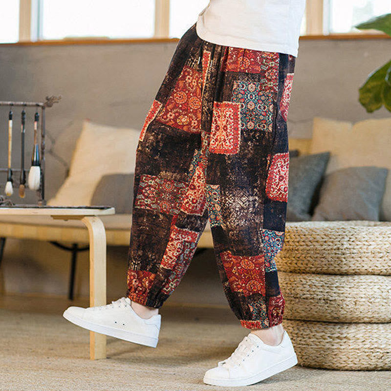 Pantalon sarouel d'été Foviel pour homme, longueur cheville, style patchwork à carreaux, avec poches
