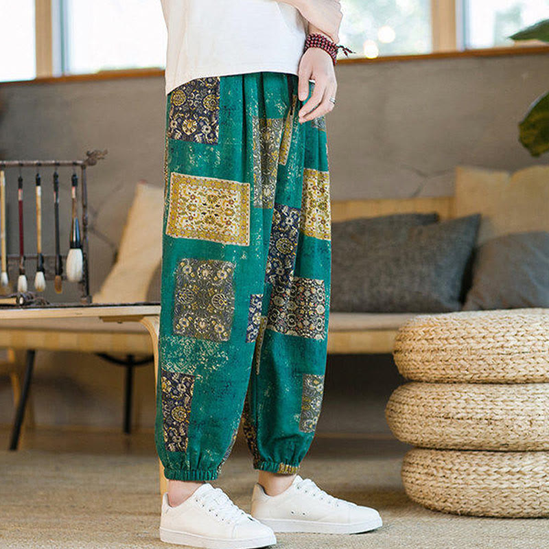 Pantalon sarouel d'été Foviel pour homme, longueur cheville, style patchwork à carreaux, avec poches