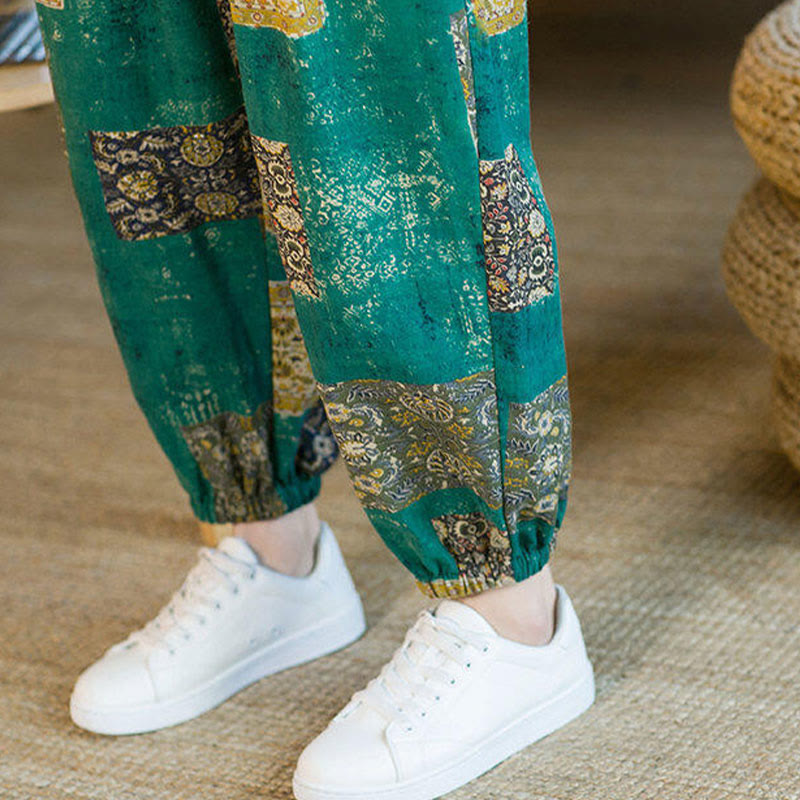 Pantalon sarouel d'été Foviel pour homme, longueur cheville, style patchwork à carreaux, avec poches