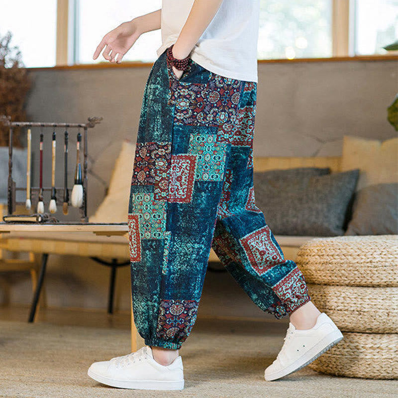 Pantalon sarouel d'été Foviel pour homme, longueur cheville, style patchwork à carreaux, avec poches