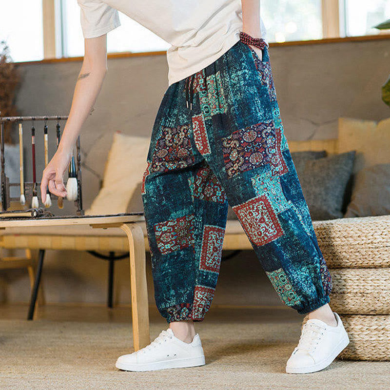 Pantalon sarouel d'été Foviel pour homme, longueur cheville, style patchwork à carreaux, avec poches
