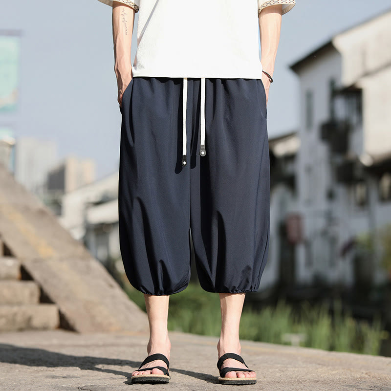 Buddha Stones Solid Drawstring Men's Capri Cropped Harem Pants With Pockets - SteelBlue - US/UK/AU46,EU56 (5XL) - image 0