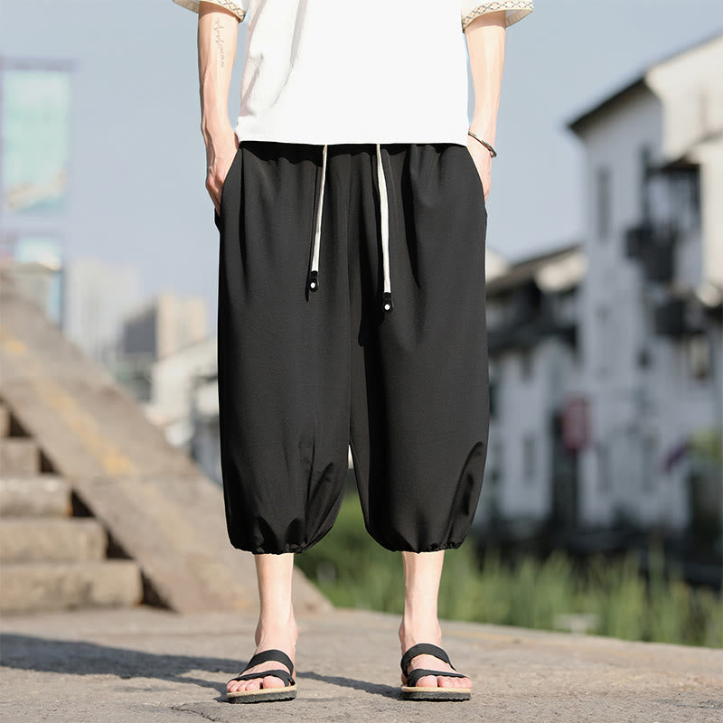 Buddha Stones Solid Drawstring Men's Capri Cropped Harem Pants With Pockets - Black - US/UK/AU46,EU56 (5XL) - image 16