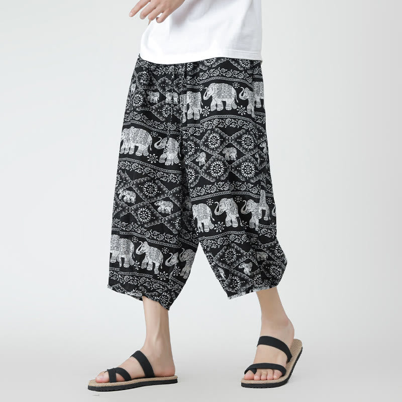 Buddha Stones Summer Square Patchwork Elephant Mandala Geometry Cotton Linen Men's 7-8 Length Pants With Pockets - Black - US/UK/AU46,EU56 (5XL) - image 41
