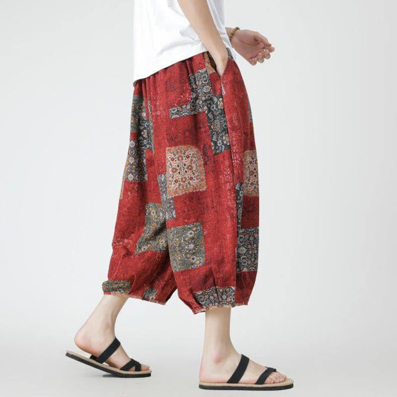 Buddha Stones Summer Square Patchwork Elephant Mandala Geometry Cotton Linen Men's 7-8 Length Pants With Pockets - image 3