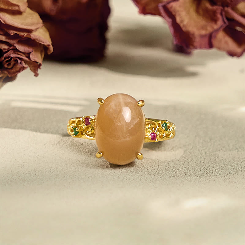 Foviel Hollow Vine Design Peach Moonstone Adjustable Happiness Ring