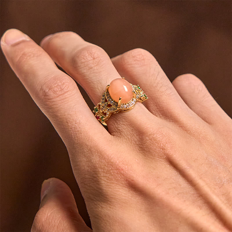 Foviel Vintage Prong Setting Four Leaf Flower Design Peach Moonstone Adjustable Soothing Ring