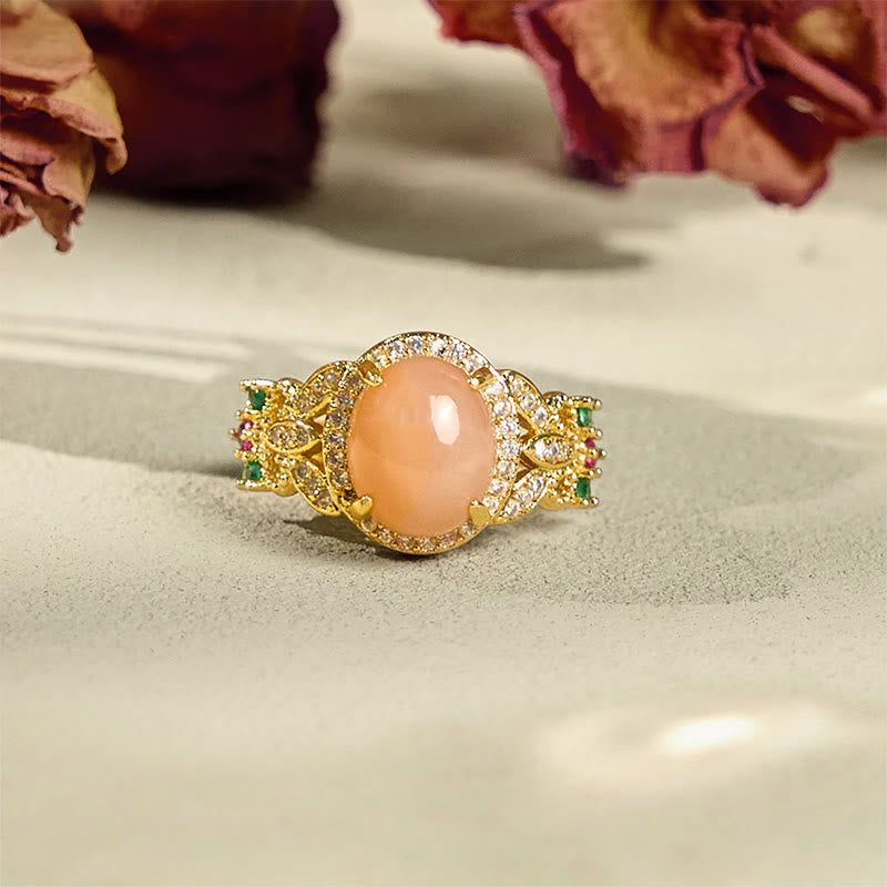 Foviel Vintage Prong Setting Four Leaf Flower Design Peach Moonstone Adjustable Soothing Ring